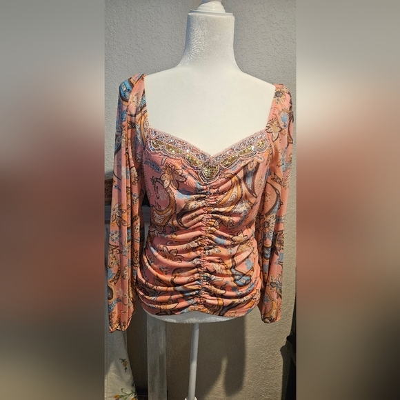 Paisley Mesh Embellished Ruched Top Pink Multi - Picture 4 of 6